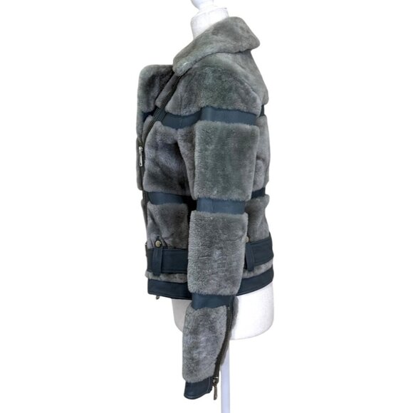 Reiss Ellie Anthracite Leather Shearling Jacket Belt Zipper Detail Gray Size XS - Picture 4 of 8